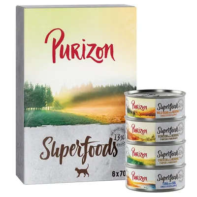 Purizon Superfoods 24 x 70 g Pachet mixt (8xpui, 8xton, 4xporc mistreț, 4xvânat)
