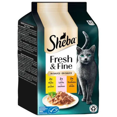 Multipack Sheba Fresh & Fine Pliculețe 72 x 50 g Pui, somon & curcan în sos