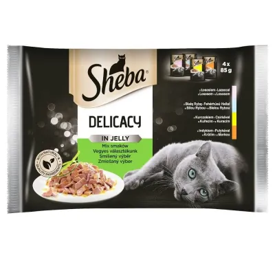 Sheba Delikatesse în jeleu plicuri pt pisici, Rața, Pui, Pasare si Curcan 4x85 g