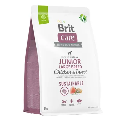 Brit Care Sustainable Junior Large Breed, L-XL, Pui și Insecte, hrană uscată câini junior, sistem digestiv, 3kg