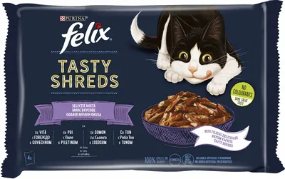 Felix Tasty Shreds Selectie mixta cu Vita, Pui, Somon si Ton în sos 4x80g