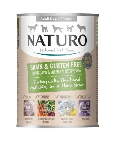 Naturo Grain Free, XS-L, Curcan și Legume, conservă hrană umedă fără cereale câini, (în sos), 390g