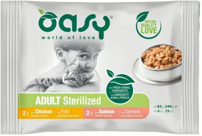 Oasy Chunks in Gravy Multipack pentru pisici sterilizate, pachet 4x85g