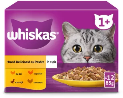 Whiskas Mix plicuri pisici Adulte, cu Pui/Rața/Pasare/Curcan în aspic 12x85g