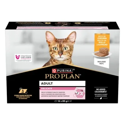 Purina® Pro Plan® Delicate Digestion Adult, pate cu Pui, hrană umedă pentru pisici, 12x85g