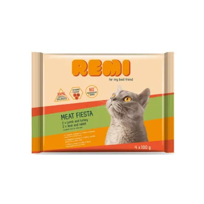 Remi Pachet plicuri pentru pisici adulte, cu Miel/Curcan și Vițel/Iepure 4x100g
