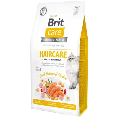 Brit Care Haircare Healthy & Shiny Coat, Somon și Pui, hrană uscată fără cereale pisici, piele și blană, 7kg