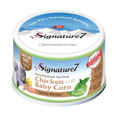 Hrană Umedă Pisică Adult, SIGNATURE7, Pui și Porumb Baby în Sos cu Iarba-Mâței, 70g