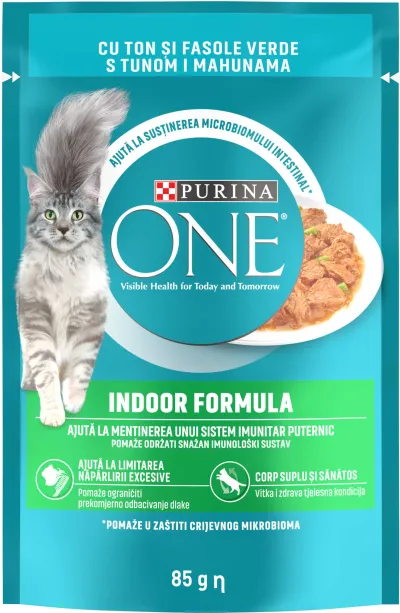 Purina ONE Indoor, cu Ton si Fasole Verde, Mini Fileuri in Sos 85g