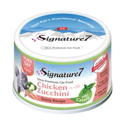 Hrană Umedă Pisică Adult, SIGNATURE7, Pui și Zucchini în Sos cu Iarba-Mâței, 70g