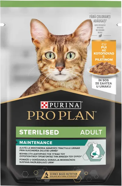 Pro Plan® Sterilised Maintenance Adult, cu Pui în sos, hrană umedă pentru pisici, 85 g 10x85g
