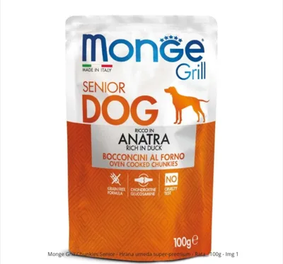 Monge Grill Senior, Xs-Xl, Rață, plic hrană umedă câini senior, (în suc propriu), 100g