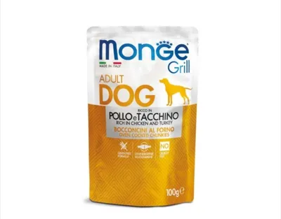 Monge Grill Plic hrană umedă pentru câini, cu Pui și Curcan 100g
