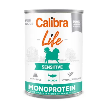 Calibra Life Sensitive, Xs-Xl, Somon și Orez, conservă hrană umedă monoproteică fără cereale câini, sistem digestiv, (pate), 400g