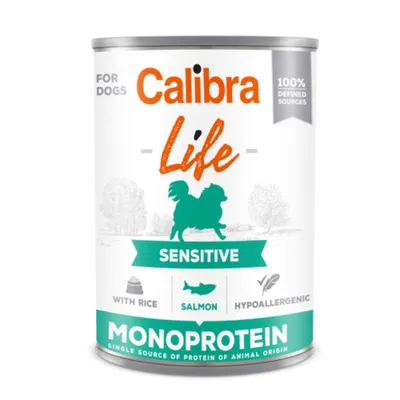 Calibra Life Sensitive, Xs-Xl, Somon și Orez, conservă hrană umedă monoproteică fără cereale câini, sistem digestiv, (pate), 400g