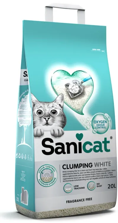 Sanicat Clumping White, Nisip pentru pisici, fără aromă, 20L/18kg