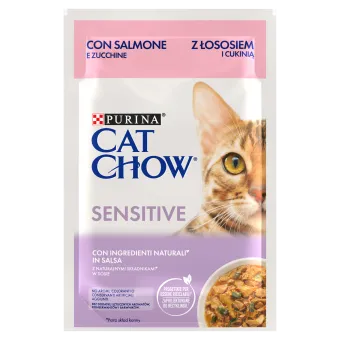 Cat Chow Sensitive, Somon și Dovlecei, hrană umedă pentru pisici 1x85 g