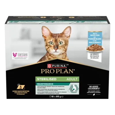Purina® Pro Plan® Sterilised Maintenance, cu Pește alb în sos, hrană umedă pentru pisici, 10x85g