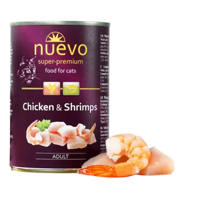 Nuevo, Pui și Creveți, conservă hrană umedă fără cereale pisici, apetit capricios, (pate), 400g