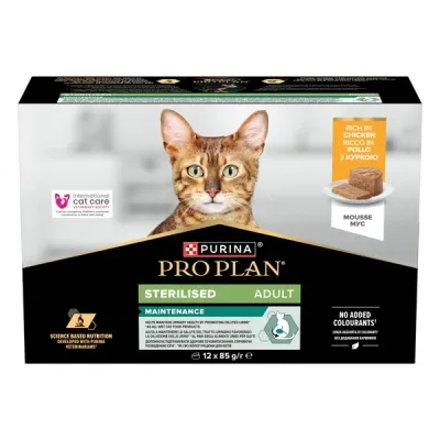 Purina® Pro Plan® Sterilised Maintenance Adult, pate cu Pui, hrană umedă pentru pisici, 12x85g