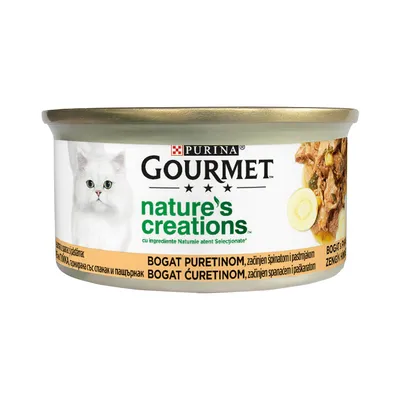 Purina Gourmet Nature's Creations, Curcan cu Păstârnac și Spanac, conservă hrană umedă pisici, 85g