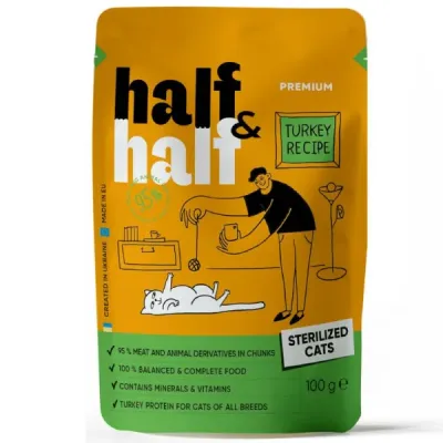 Half&Half plic pentru pisici sterilizate, bucăți de Curcan în jeleu 100g