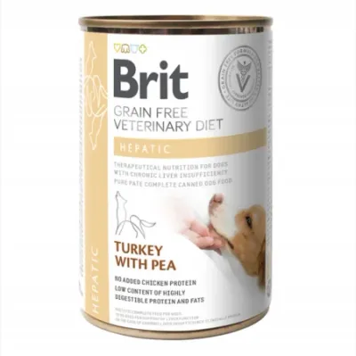Brit VD Hepatic, Xs-Xl, Curcan, dietă veterinară, conservă hrană umedă fără cereale câini, sistem hepatic, (în aspic), 400g