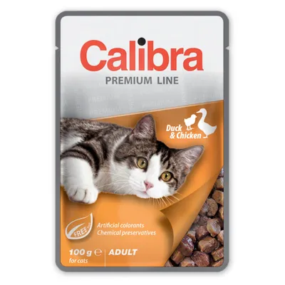 Calibra Premium Line, Rață și Pui, plic hrană umedă pisici, (în suc propriu), 100g