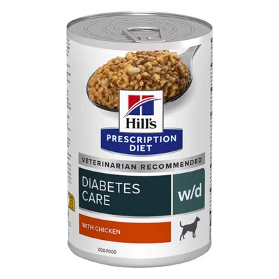 Hill's Prescription Diet w/d Diabetes Care, Pui, dietă veterinară câini, conservă hrană umedă, metabolism (obezitate si diabet), 370g