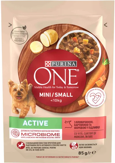 Purina ONE Mini Active Hrană umedă pentru câini, Vita si Cartofi, 85 g