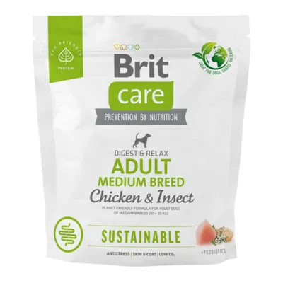 Brit Care Sustainable Adult Medium Breed, M, Pui și Insecte, hrană uscată câini, sistem digestiv, 1kg
