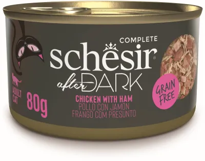Hrană umedă pisici cu pui și șuncă Schesir After Dark în supă 80 g