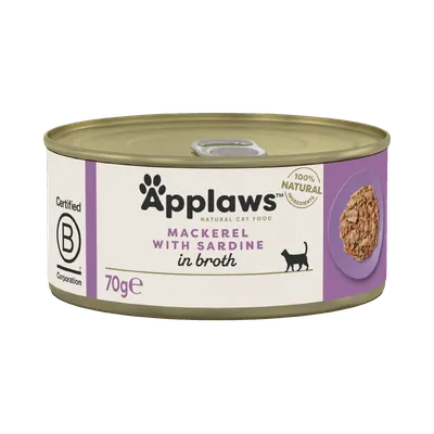 Applaws File, Macrou și Sardine, conservă hrană umedă pisici, (în supă), 70g