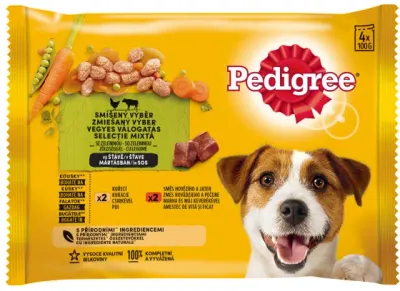 Pedigree Pachet plicuri pentru caini Adulți, cu Pui, Vita si Legume 4x100g