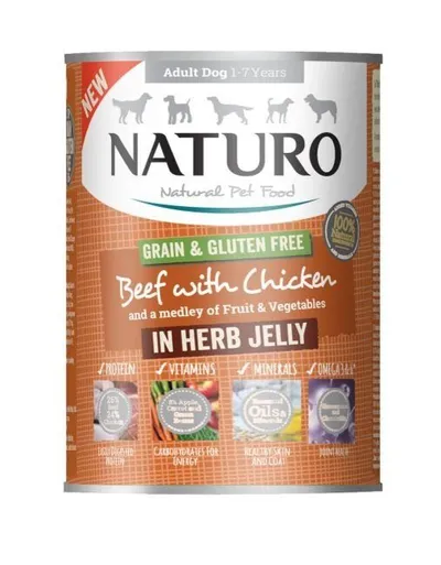 Naturo Grain Free, XS-L, Vită și Pui, conservă hrană umedă fără cereale câini, (în aspic), 390g