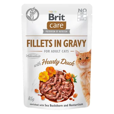 Brit Care Fillets In Gravy, Rață, plic hrană umedă fără cereale pisici, (în sos), 85g