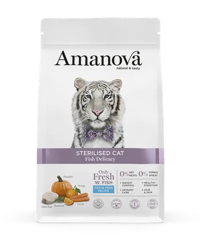 Hrană Uscată Pisică Adult, Amanova, Sterilizat, Hipoalergenic, Pește Alb, 4kg