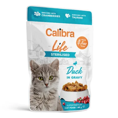 Calibra Life Sterilised, Rață, plic hrană umedă fără cereale pisici sterilizate, (în sos), 85g