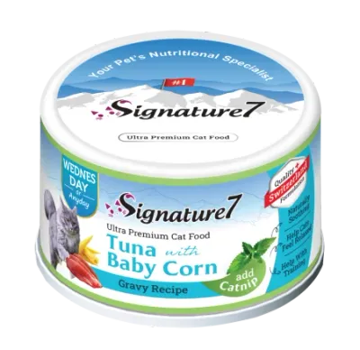 Hrană Umedă Pisică Adult, SIGNATURE7, Ton și Porumb Baby în Sos cu Iarba-Mâței, 70g