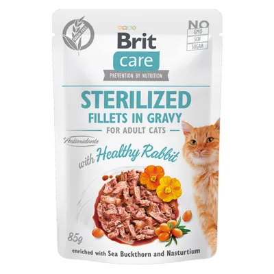 Brit Care Sterilized Fillets In Gravy, Iepure, plic hrană umedă fără cereale pisici sterilizate, (în sos), 85g