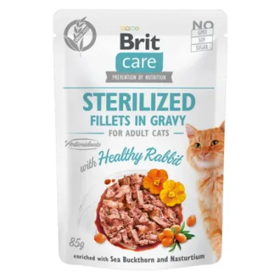 Brit Care Sterilized Fillets In Gravy, Iepure, plic hrană umedă fără cereale pisici sterilizate, (în sos), 85g