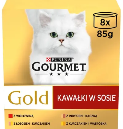 Purina® Gourmet® Gold, cu Vită, Somon și Pui, Curcan și Rață, Pui și Ficat, bucăți în sos, hrană umedă pentru pisici, 8x85 g
