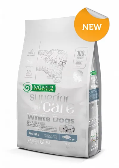 Natures Protection Superior Care White Dogs Small&Mini, Pește Alb, hrană uscată fără cereale câini, reducerea petelor maronii la câinii albi, 10kg