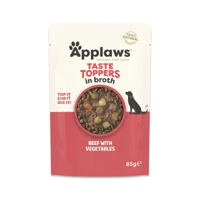 Hrană Umedă Câine Adult, Applaws Toppers, Vită și Vegetale în Supă, 85g