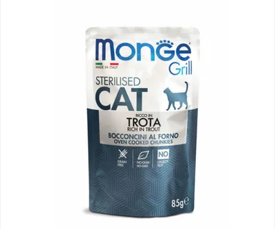 Monge Grill Sterilised, Păstrăv, plic hrană umedă fără cereale pisici sterilizate, obezitate, apetit capricios, (în aspic), 85g