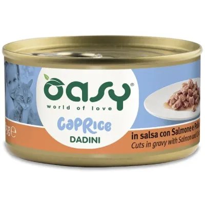 Oasy Caprice Conservă pentru pisici, Bucăți în sos, cu Somon și Pui 85g