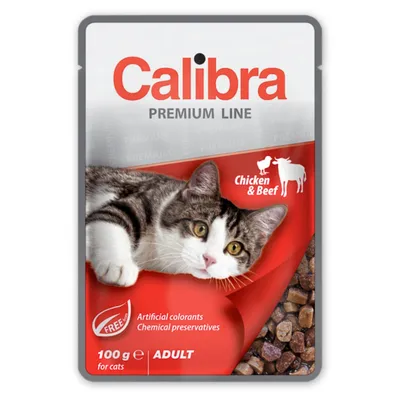 Calibra Premium Line, Pui și Vită, plic hrană umedă pisici, (în suc propriu), 100g