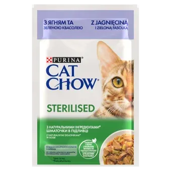 Purina Cat Chow Sterilised, Miel și Fasole Verde, plic hrană umedă pisici sterilizate, (în sos), 85g