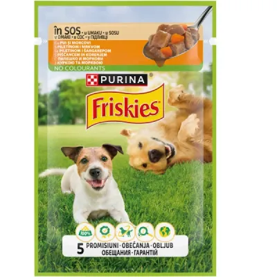 Purina® Friskies® Adult, cu Pui și Morcovi în sos 85g