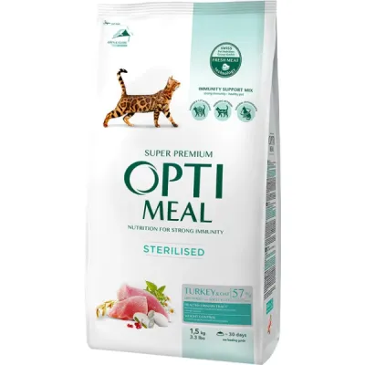 Optimeal Hrană uscată pentru pisici sterilizate, cu curcan și ovăz, 1.5kg